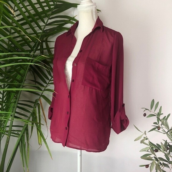 Burgundy‎ Sheer Button Up Blouse with Lace Back, Long Sleeve Shirt Y2K - Picture 3 of 7